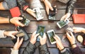People group having addicted fun together using smartphones - De