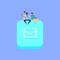 People group on message chat envelope icon creative team over blue background flat