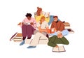 People group reading together. Book lovers, fans relaxing. Young readers, happy bookworms in literature club. Education
