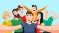 People group selfie. Friendly guy makes group photo with smiling friends on smartphone camera in hands vector cartoon Royalty Free Stock Photo