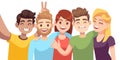 People group selfie. Guy takes group photo with smiling friends on smartphone in hands vector cartoon friendly