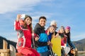 People Group With Snowboard And Ski Resort Snow Winter Mountain Cheerful Taking Selfie Photo