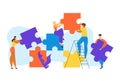 People Group Stand on Ladder Together Set Up Huge Colorful Separated Puzzle Pieces. Businesspeople Teamwork
