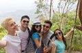 People Group Take Selfie Photo Over Beautiful Mountain Landscape, Trekking In Forest, Mix Race Young Men And Women Happy Royalty Free Stock Photo