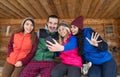 People Group Taking Selfie Photo Smart Phone Wooden Country House Terrace Winter Mountain Resort