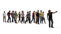 People - a group of women and men following the direction of a man on white background Royalty Free Stock Photo