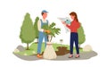 People grow trees in forest, park or garden agriculture work, gardener holding sapling