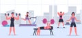 People in gym. Man and woman having sport training with different equipment. Female and male characters having fitness Royalty Free Stock Photo