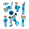 People in gym. Sport characters making cardio strength body pump exercises in fitness center vector illustrations