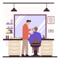People in hair salon. Barber with customer. Hairdresser makes haircut. Client sitting on armchair. Haircutter trimming