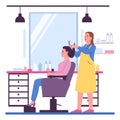 People in hair salon. Barber with customer. Hairdresser making hairdo for client. Woman sitting on armchair. Hairstylist