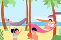 People in hammocks. Outdoor rest, beach relaxation in hammock. Happy family summer vacation, travel or ocean holiday