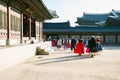 Gyeongbokgung palace and people with Hanbok Korean traditional clothes in Seoul, Korea Royalty Free Stock Photo