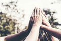 People hand assemble as a connection meeting teamwork concept. Group of people assembly hands as a business or work achievement. Royalty Free Stock Photo