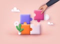 People hand connecting puzzle elements. Business approach, brainstorming. 3D Web Vector Illustrations