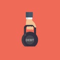 Debt. Debentures. People hand holding black kettlebell with word debt Royalty Free Stock Photo