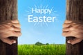 People hand opening door with happy easter greetings Royalty Free Stock Photo