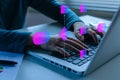 people hand working on laptop computer with digital flowchart database diagram Royalty Free Stock Photo