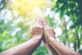 People hands assemble as a connection meeting teamwork concept. Group of people assembly hands as business or work achievement. Royalty Free Stock Photo