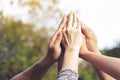 People hands assemble as a connection meeting teamwork concept. Group of people assembly hands as a business or work achievement, Royalty Free Stock Photo