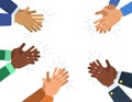 People hands clapping ovation. Many different cartoon human hands applaud. Vector flat illustration