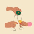 People hands are cracking by wine glasses with a champagne. Royalty Free Stock Photo