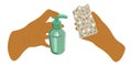 People hands doing house cleaning routine close up vector illustration. Left handed palms with cleaning sponge and soap
