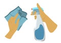 People hands doing house cleaning routine close up vector illustration. Palms with cleaning spray bottle and cloth rag Royalty Free Stock Photo