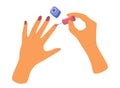 People hands doing manicure close up vector illustrations set. Palms applying nail paint flat style drawings collection