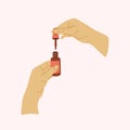 People hands doing morning routine close up vector illustration. Palms applying nourishing cream, lotion, serum flat