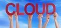 People Hands Hold Red Straight Word Cloud Blue Sky Royalty Free Stock Photo