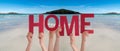 People Hands Holding Word Home, Ocean Background