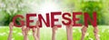 People Hands Holding Word Genesen Means Recover, Grass Meadow Royalty Free Stock Photo