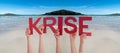 People Hands Holding Word Krise Means Crisis, Ocean Background Royalty Free Stock Photo