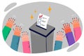 People hands near ballot box for vote and ballot with tick for political party candidate