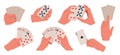 People hands playing cards. Poker game, risky gambling accessories, human arms hold card deck, shuffling and Royalty Free Stock Photo