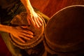 People hands playing music at djembe drums Royalty Free Stock Photo