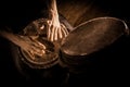 People hands playing music at djembe drums Royalty Free Stock Photo