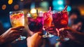 People hands toasting multicolored fancy drinks - Young