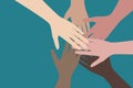 People hands together, work in team concept. Vector illustration.