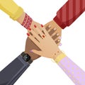 People hands putting on each other. Teamwork, social community, cooperation cartoon concept.