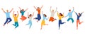 People happy jumping set. Young funny teens large group guy, girl, jumping together joy lifestyle celebration victory Royalty Free Stock Photo