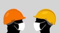 People with hardhats and face masks