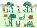 People harvesting, picking apples in farm garden vector illustration, cartoon flat farmer worker characters harvest fall