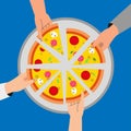 People have dinner together and share a huge pizza. hands top view. Flat style. Vector