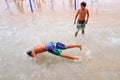 People have fun at the Donostia La Concha beach, at the Basque Royalty Free Stock Photo