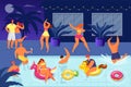People have fun at water pool party, summer night holiday with happy man woman vector illustration. Young character in Royalty Free Stock Photo