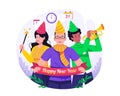 People have a party together to Celebrate New Year`s eve. Man blows the trumpet, Woman sets off fireworks. Vector illustration