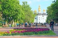 people have a rest in city park with tulips. Beautiful cityscape