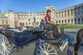 People have a ride in the horsedrawn carriage called fiaker and passing the Vienna Hofburg
